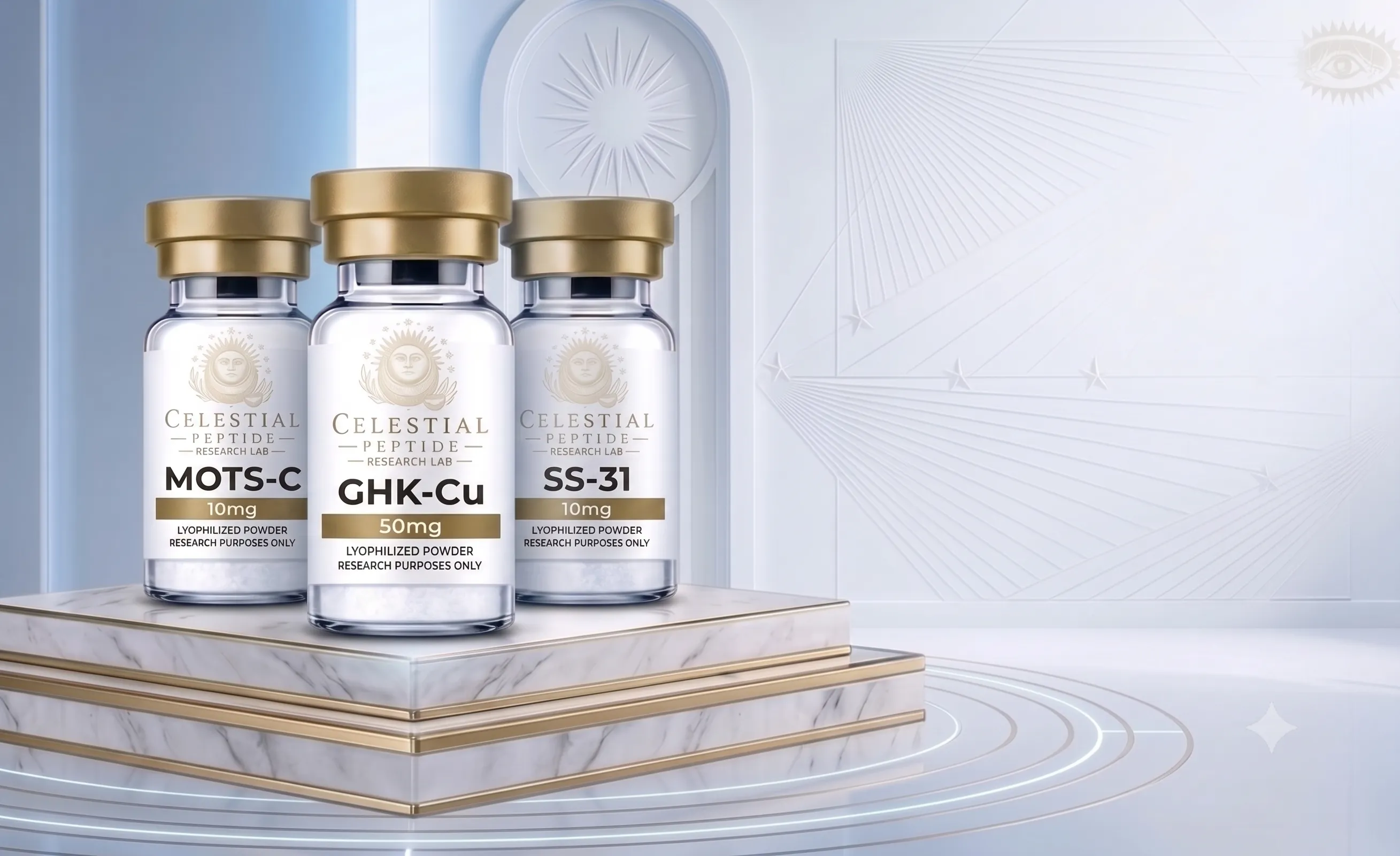 Celestial Peptides research vials displayed on a marble pedestal